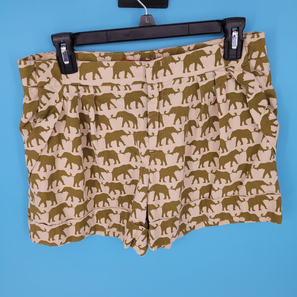 Cartonnier Elephant Print Shorts Womens 4 Anthropologie Olive Green Pleated boho